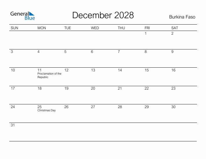 Printable December 2028 Calendar for Burkina Faso