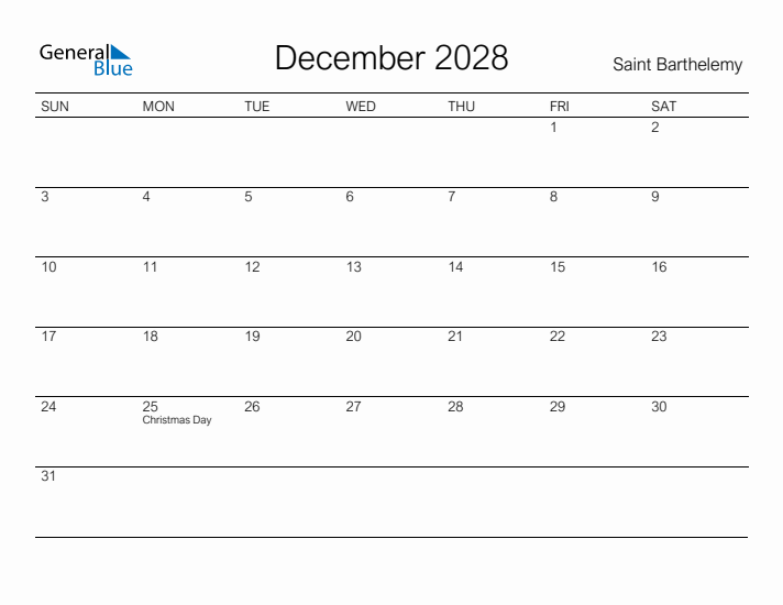 Printable December 2028 Calendar for Saint Barthelemy