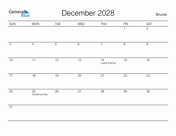 Printable December 2028 Calendar for Brunei