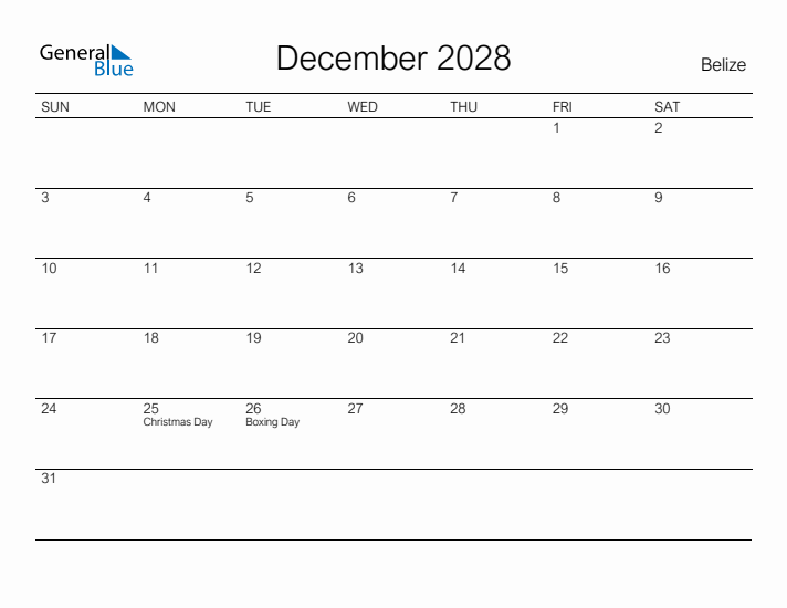 Printable December 2028 Calendar for Belize
