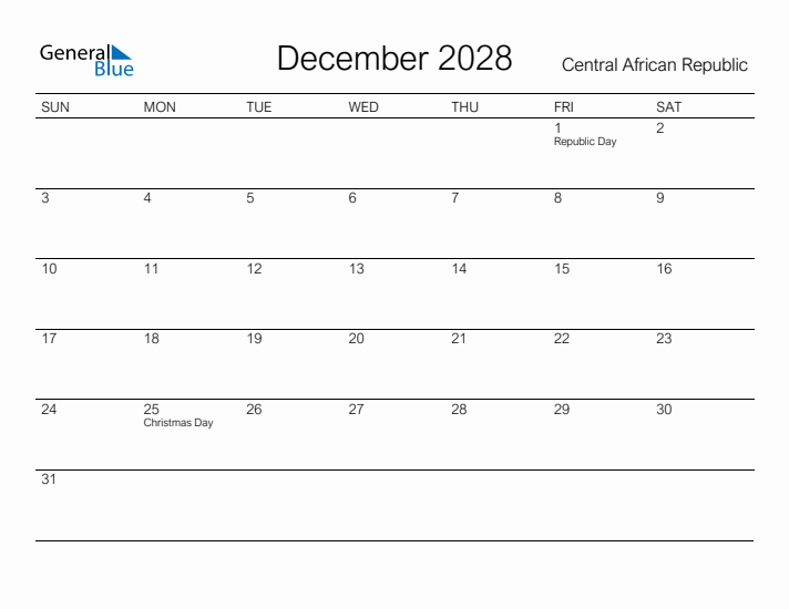 Printable December 2028 Calendar for Central African Republic