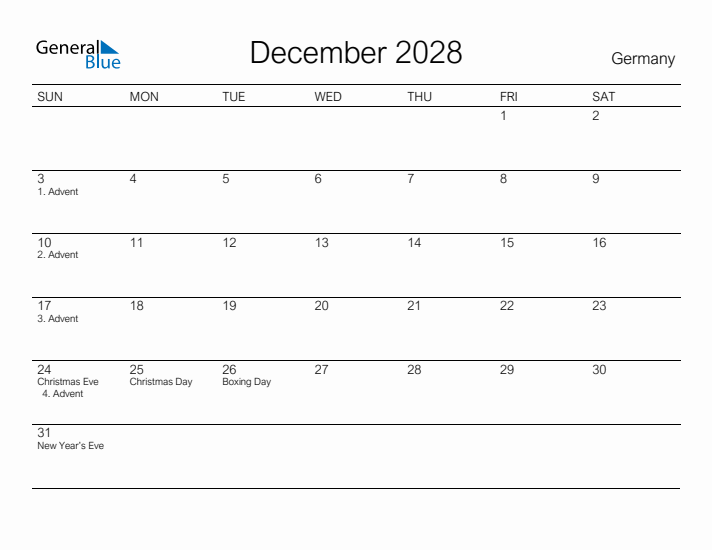 Printable December 2028 Calendar for Germany
