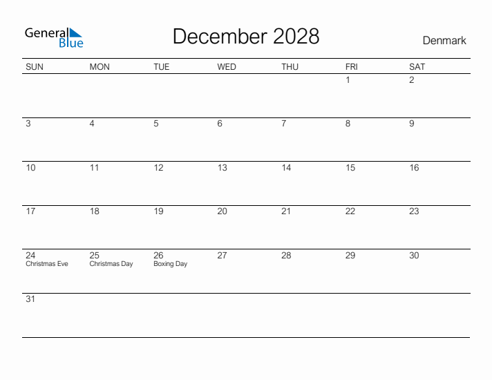 Printable December 2028 Calendar for Denmark