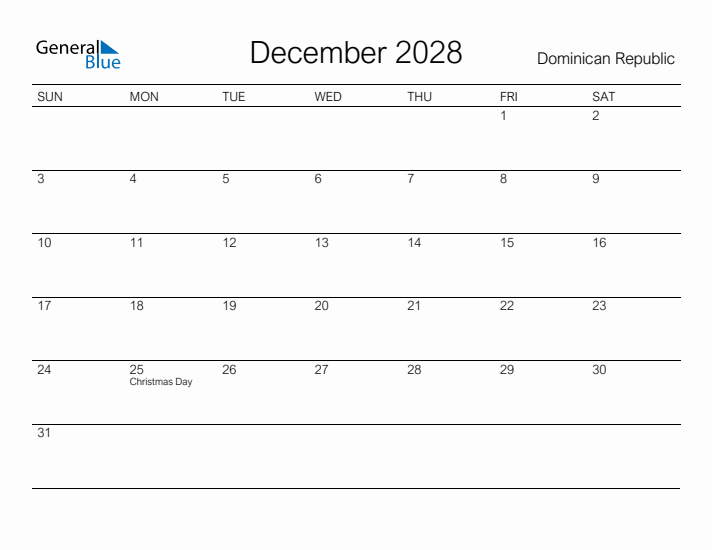 Printable December 2028 Calendar for Dominican Republic