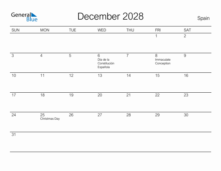 Printable December 2028 Calendar for Spain