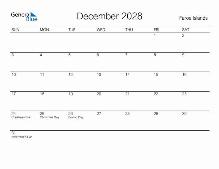 Printable December 2028 Calendar for Faroe Islands
