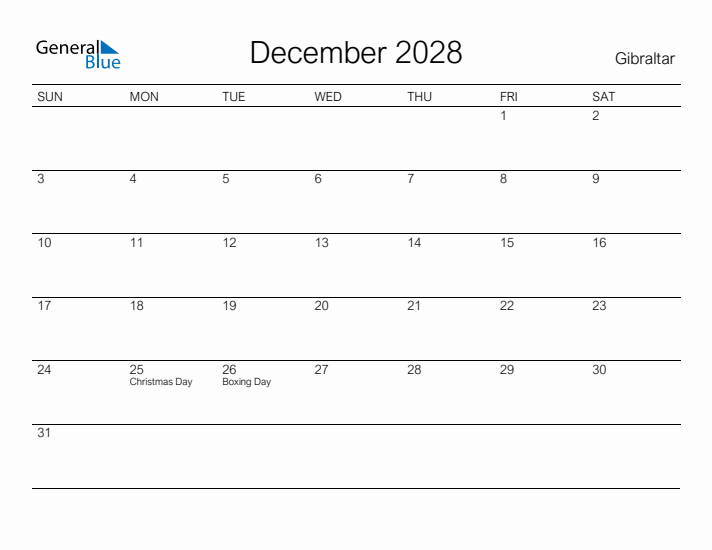Printable December 2028 Calendar for Gibraltar