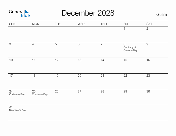 Printable December 2028 Calendar for Guam