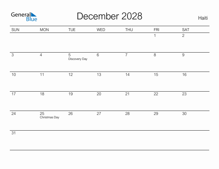 Printable December 2028 Calendar for Haiti