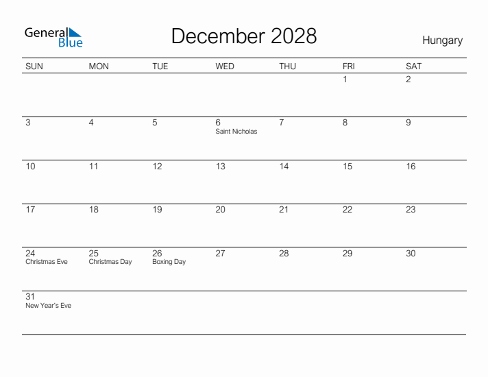 Printable December 2028 Calendar for Hungary