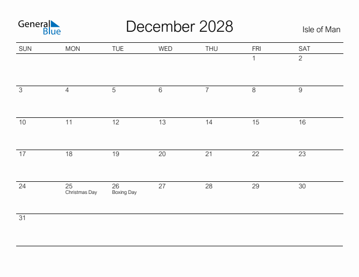 Printable December 2028 Calendar for Isle of Man