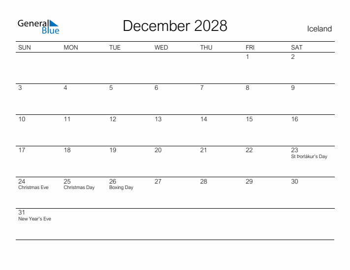 Printable December 2028 Calendar for Iceland