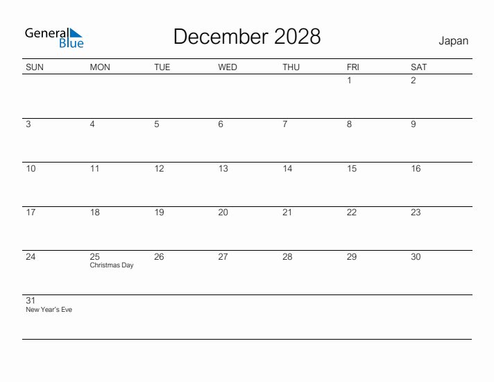 Printable December 2028 Calendar for Japan