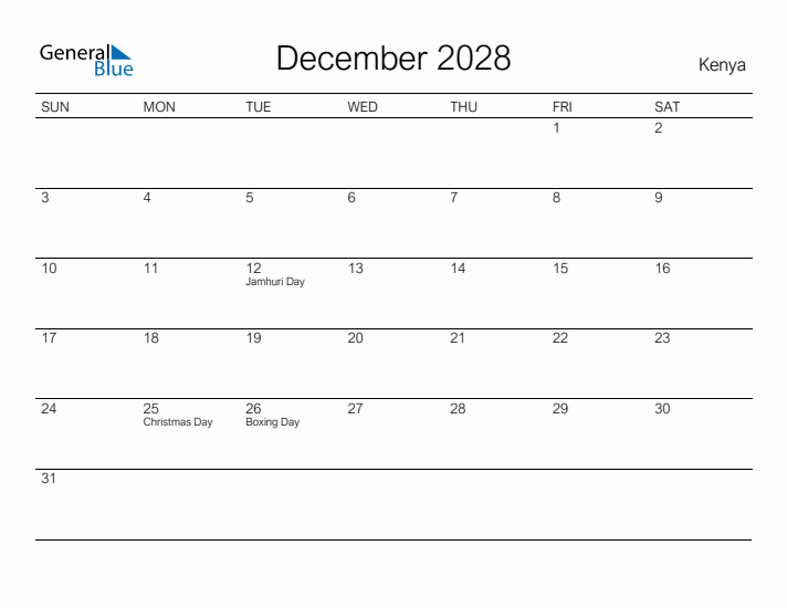 Printable December 2028 Calendar for Kenya