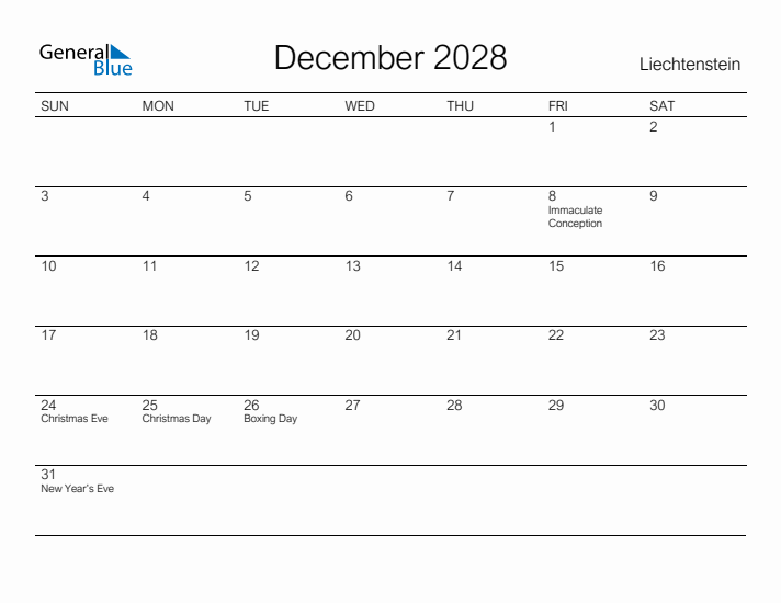Printable December 2028 Calendar for Liechtenstein