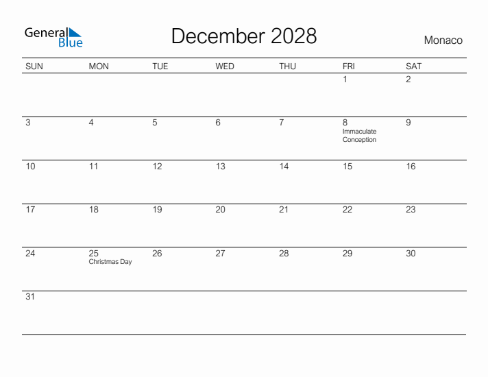 Printable December 2028 Calendar for Monaco