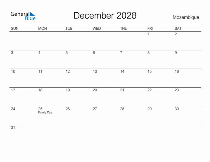 Printable December 2028 Calendar for Mozambique