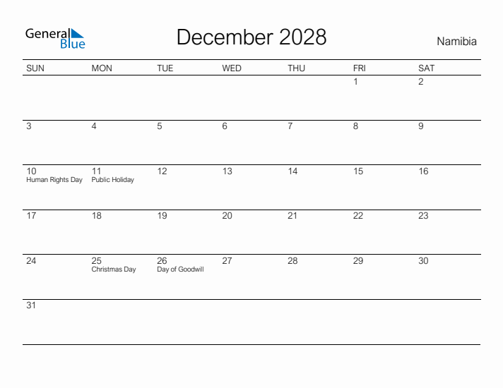 Printable December 2028 Calendar for Namibia