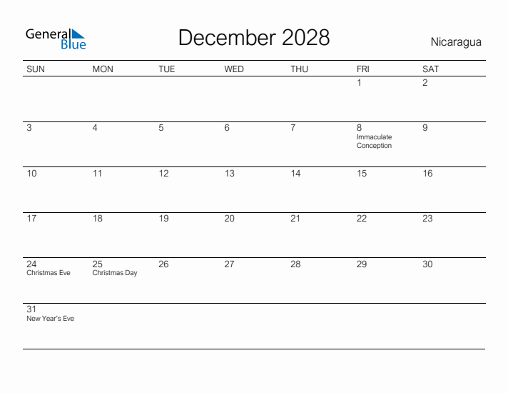 Printable December 2028 Calendar for Nicaragua