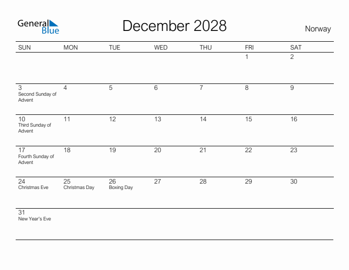 Printable December 2028 Calendar for Norway