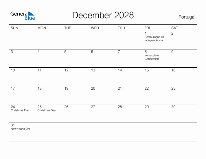 Printable December 2028 Calendar for Portugal