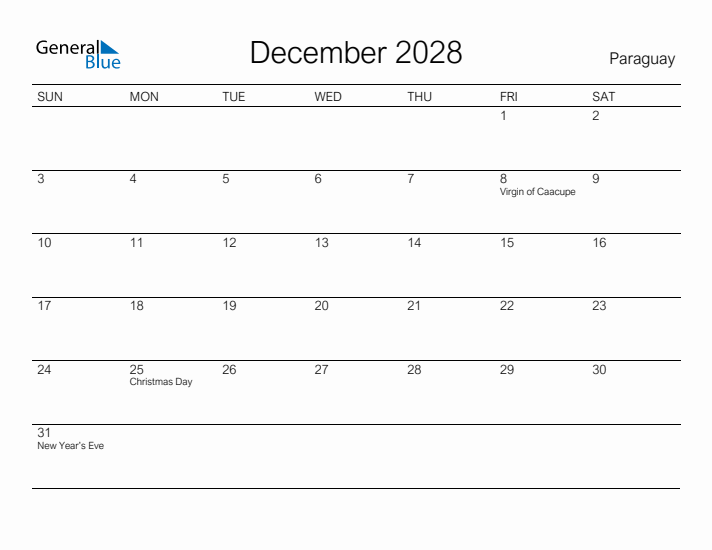 Printable December 2028 Calendar for Paraguay