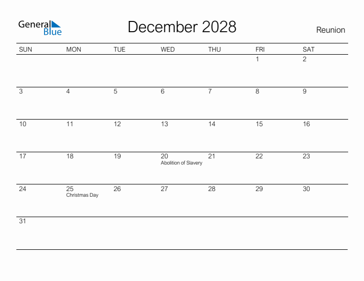 Printable December 2028 Calendar for Reunion