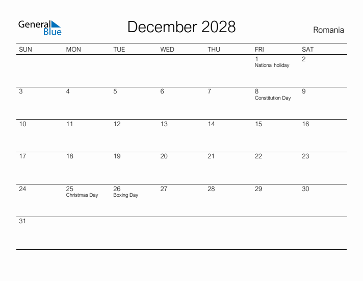 Printable December 2028 Calendar for Romania