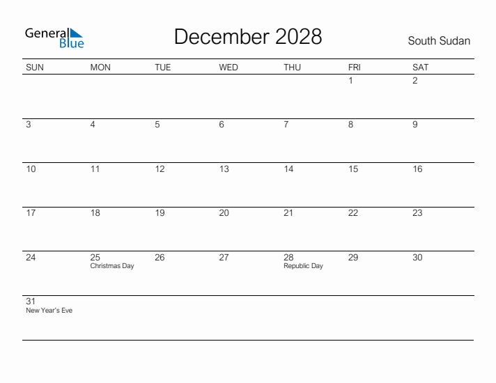 Printable December 2028 Calendar for South Sudan