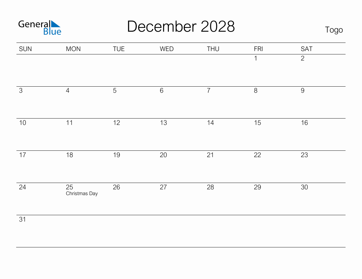 Printable December 2028 Monthly Calendar With Holidays For Togo