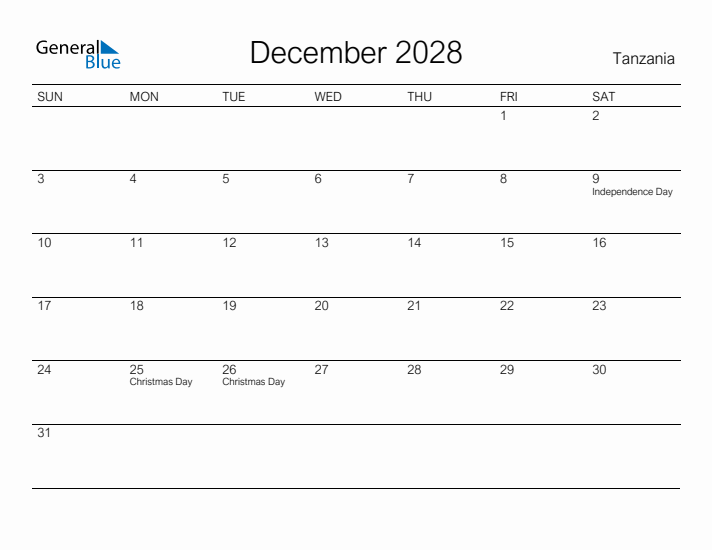 Printable December 2028 Calendar for Tanzania