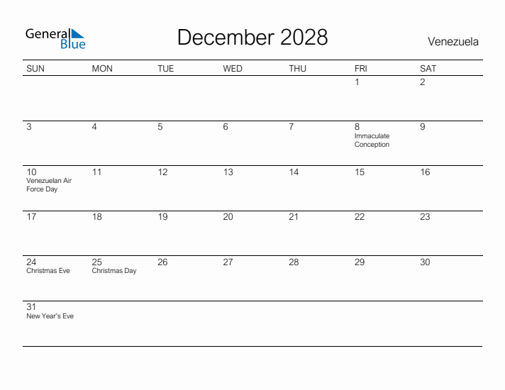 Printable December 2028 Calendar for Venezuela