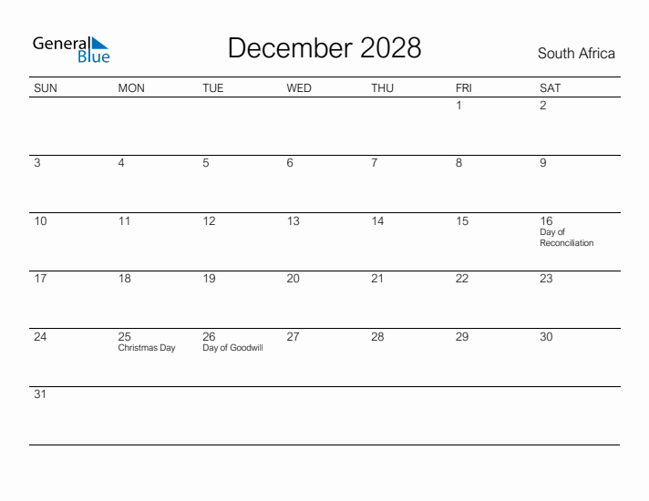 Printable December 2028 Calendar for South Africa