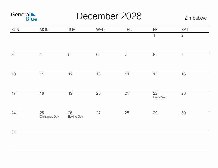 Printable December 2028 Calendar for Zimbabwe