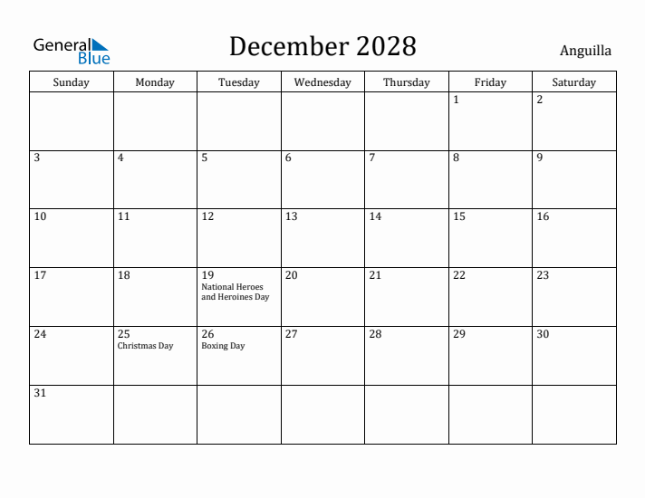December 2028 Calendar Anguilla