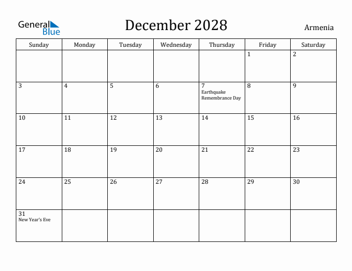 December 2028 Calendar Armenia