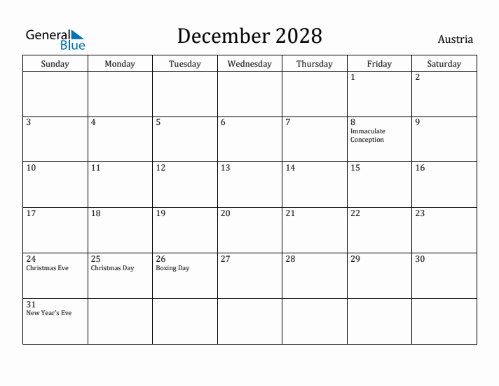 December 2028 Calendar Austria