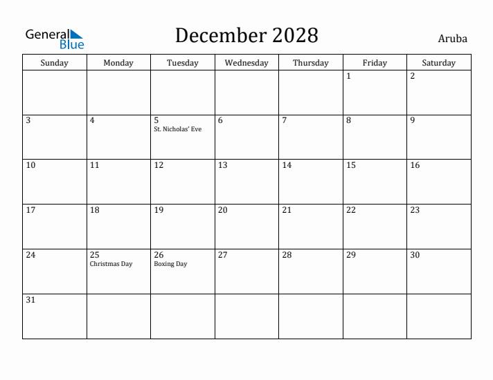 December 2028 Calendar Aruba
