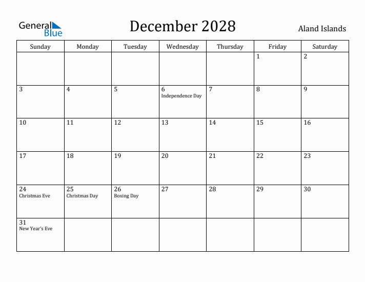 December 2028 Calendar Aland Islands