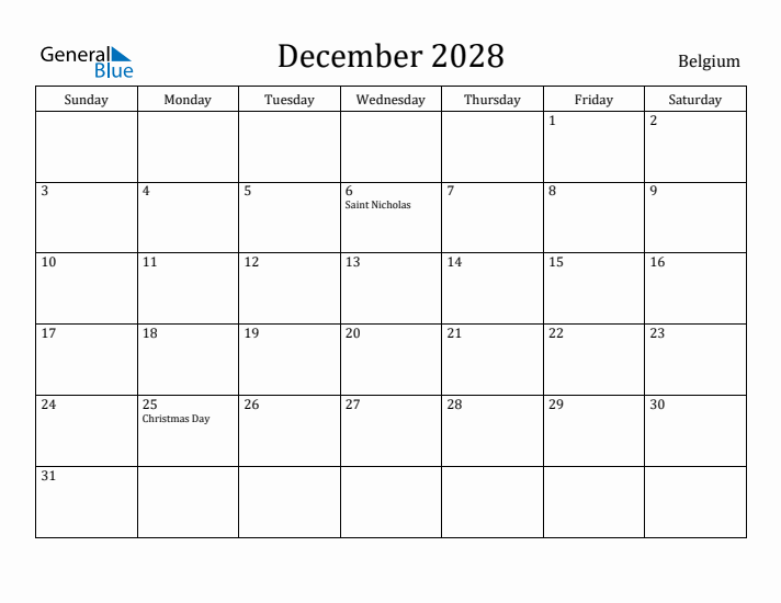 December 2028 Calendar Belgium