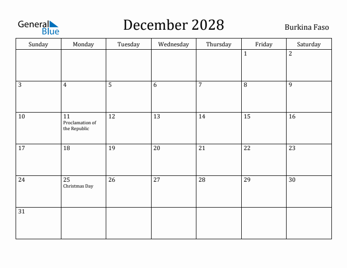 December 2028 Calendar Burkina Faso