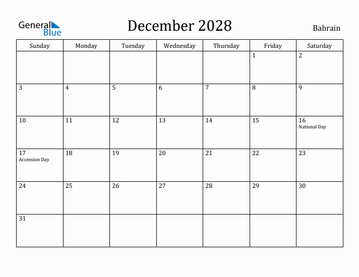 December 2028 Calendar Bahrain