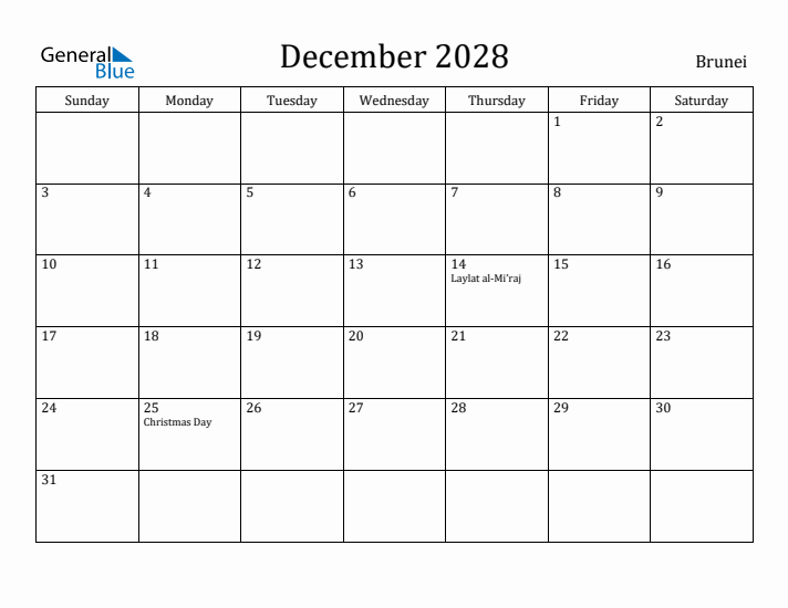 December 2028 Calendar Brunei