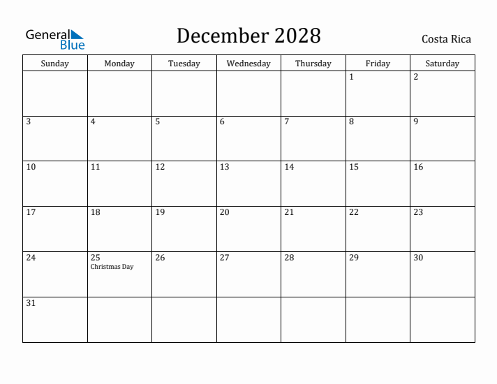 December 2028 Calendar Costa Rica