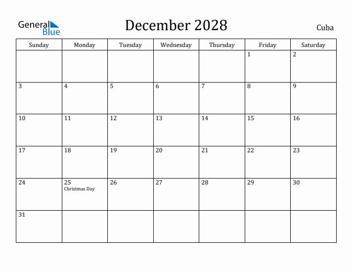 December 2028 Calendar Cuba