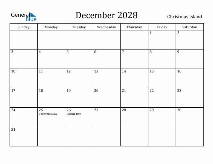 December 2028 Calendar Christmas Island