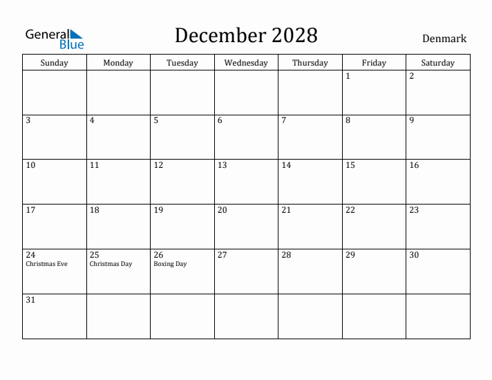 December 2028 Calendar Denmark