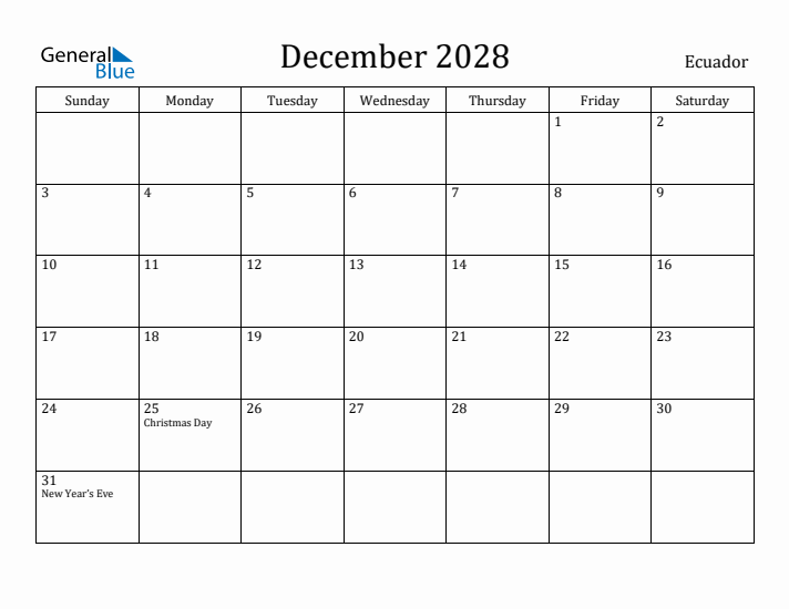 December 2028 Calendar Ecuador