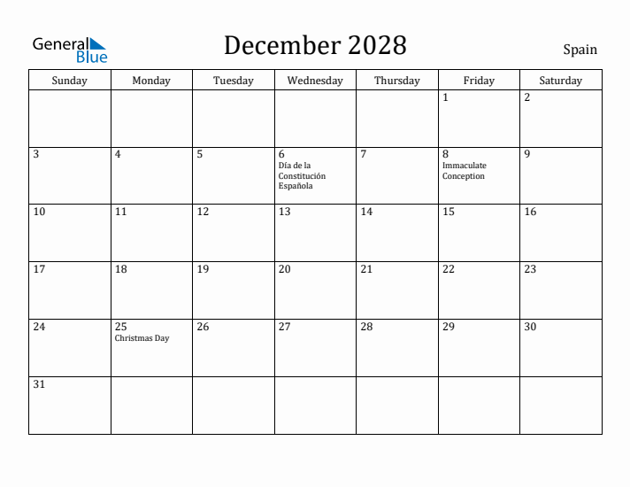 December 2028 Calendar Spain