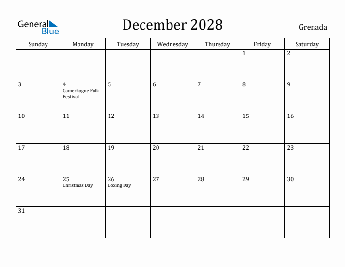 December 2028 Calendar Grenada